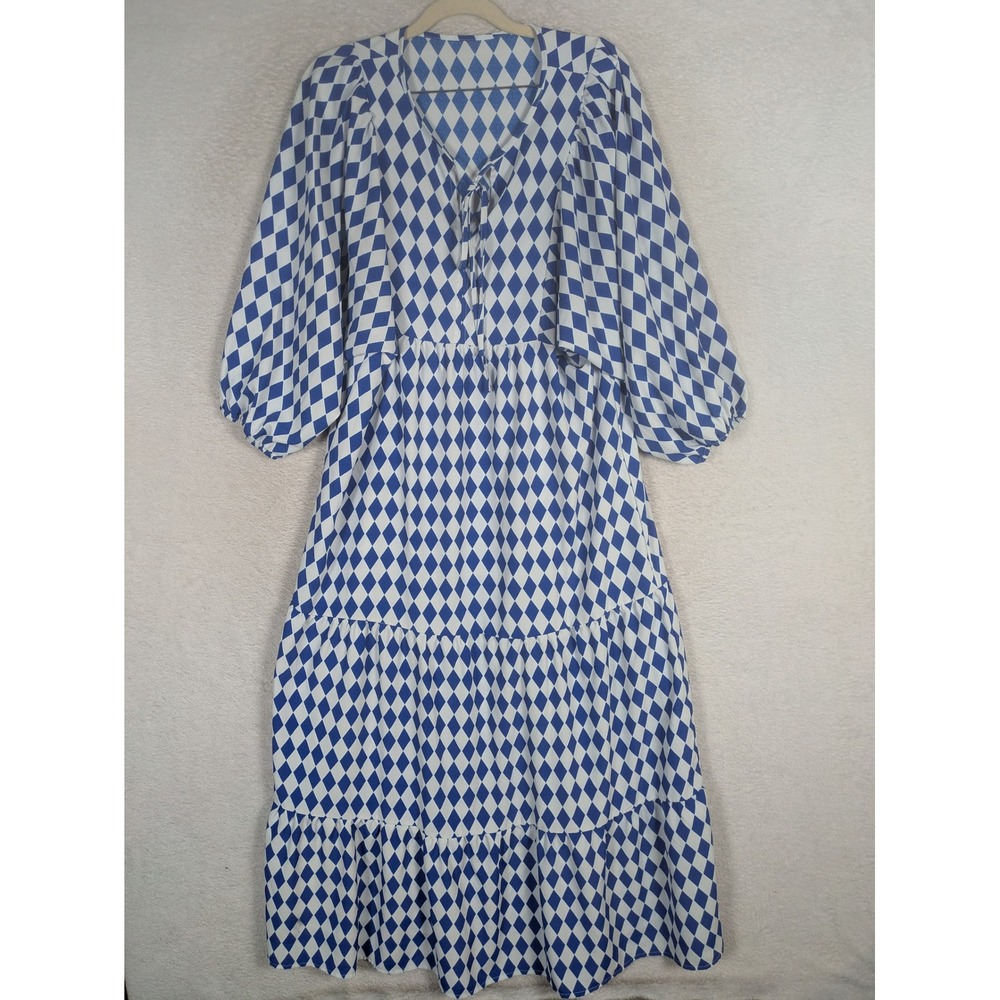 Unbranded Maxi Dress Women's XL Blue Harlequin Diamond Tiered Balloon Sleeve